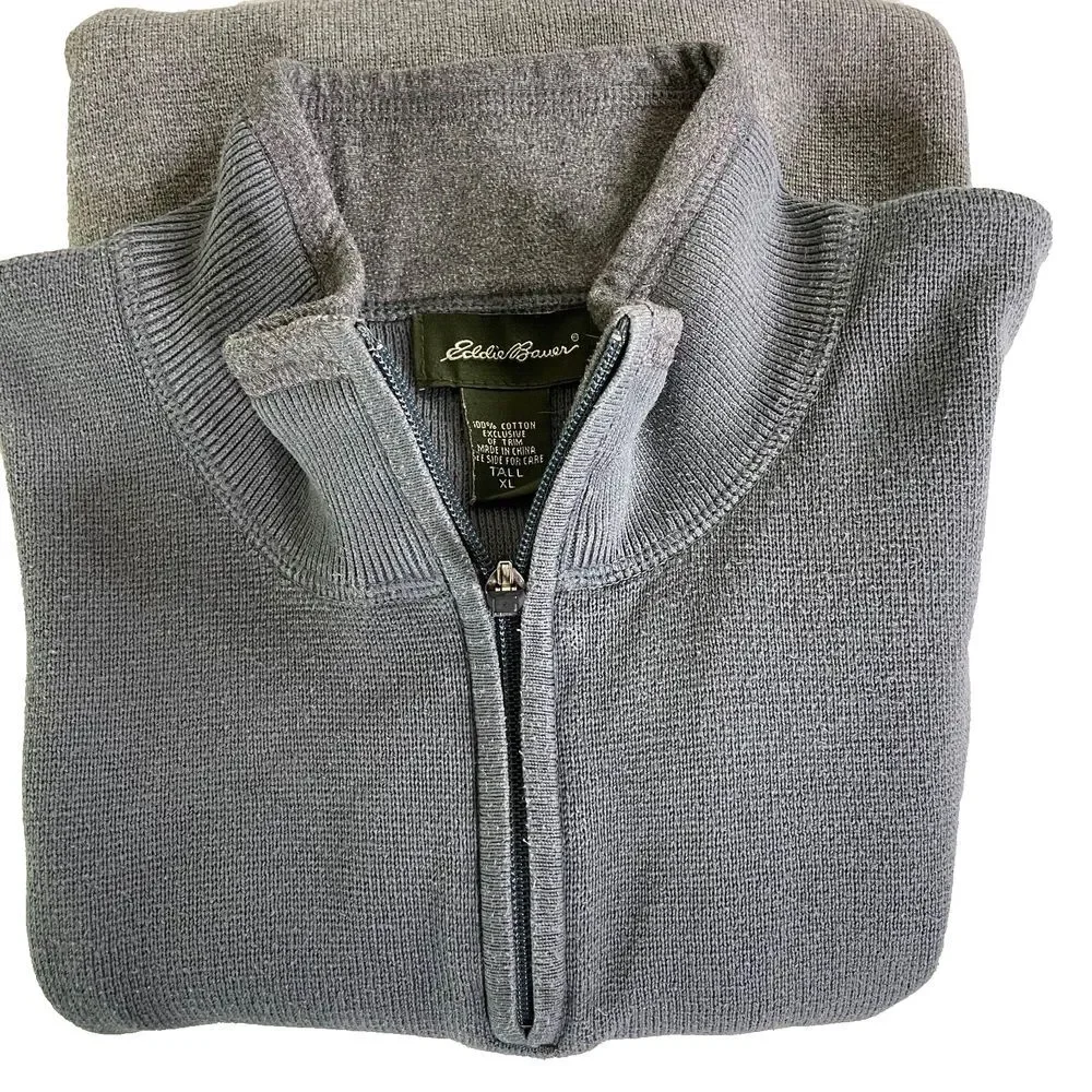Eddie Bauer Men Pullover XL Tall Gray Thick Knit Heavyweight Faux Collar 1/4 Zip